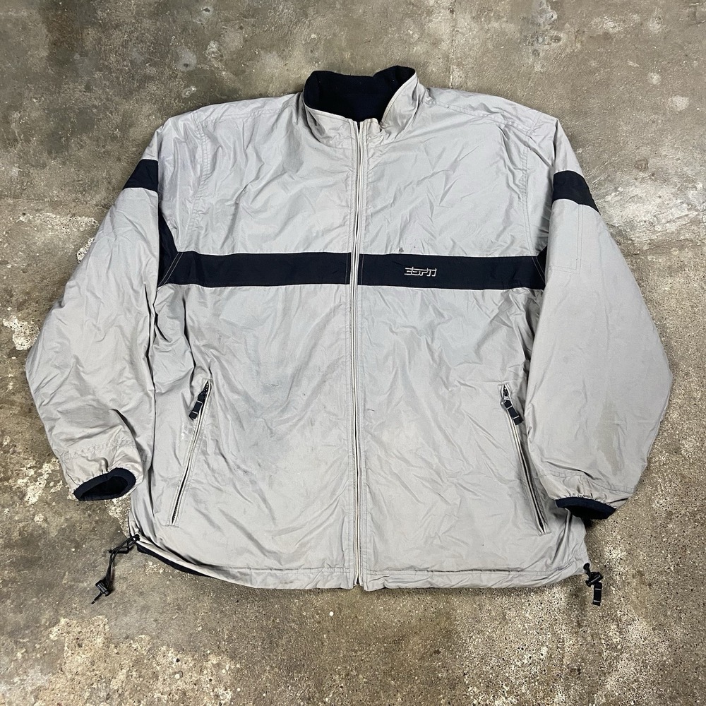 Vintage 90s ESPN Reversible Jacket Size XXL Gray Black Fleece Full Zip Sports
